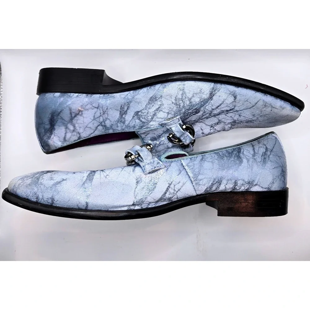 After Midnight Men's Marble Print Loafers Silver Chain Buckle Dress Shoes Size 8
